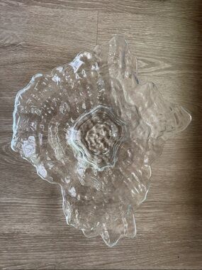 Vintage Oyster Shell Style Art Glass Bowl Large Freeform Clear Centerpiece 16.5”